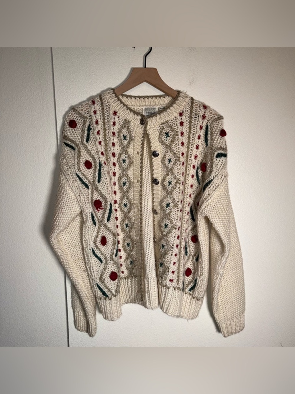VINTAGE RUSS STUDIO coastal grandma chunky knit cozy button up cardigan S